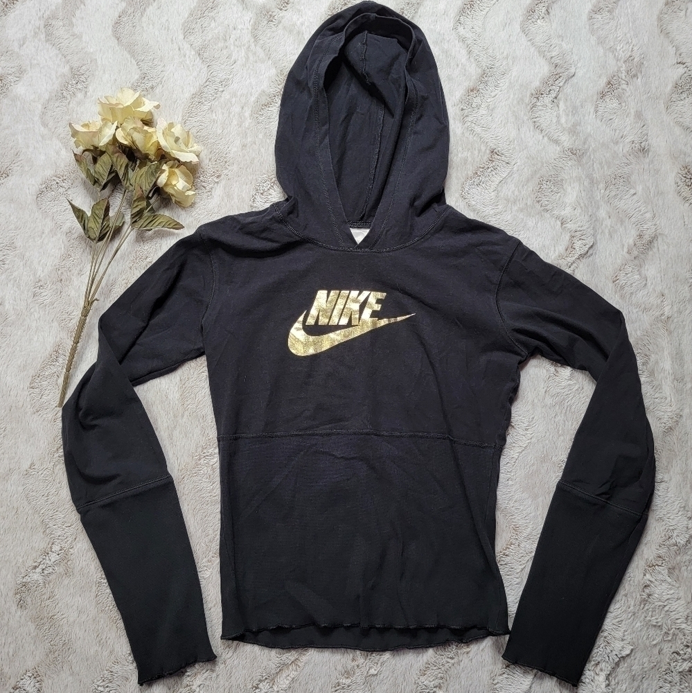 Vintage Nike Wide Ribbed Hem Long Sleeve Hoodie Sweater Gold‎ Logo Juniors Sz L